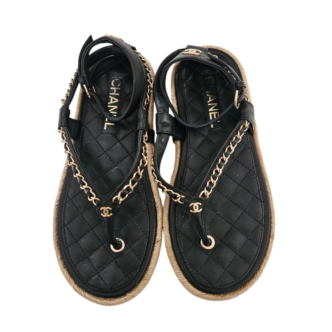 Chanel Black Leather Chain Link CC Espadrilles Ankle Strap Thong Sandal, Size 38