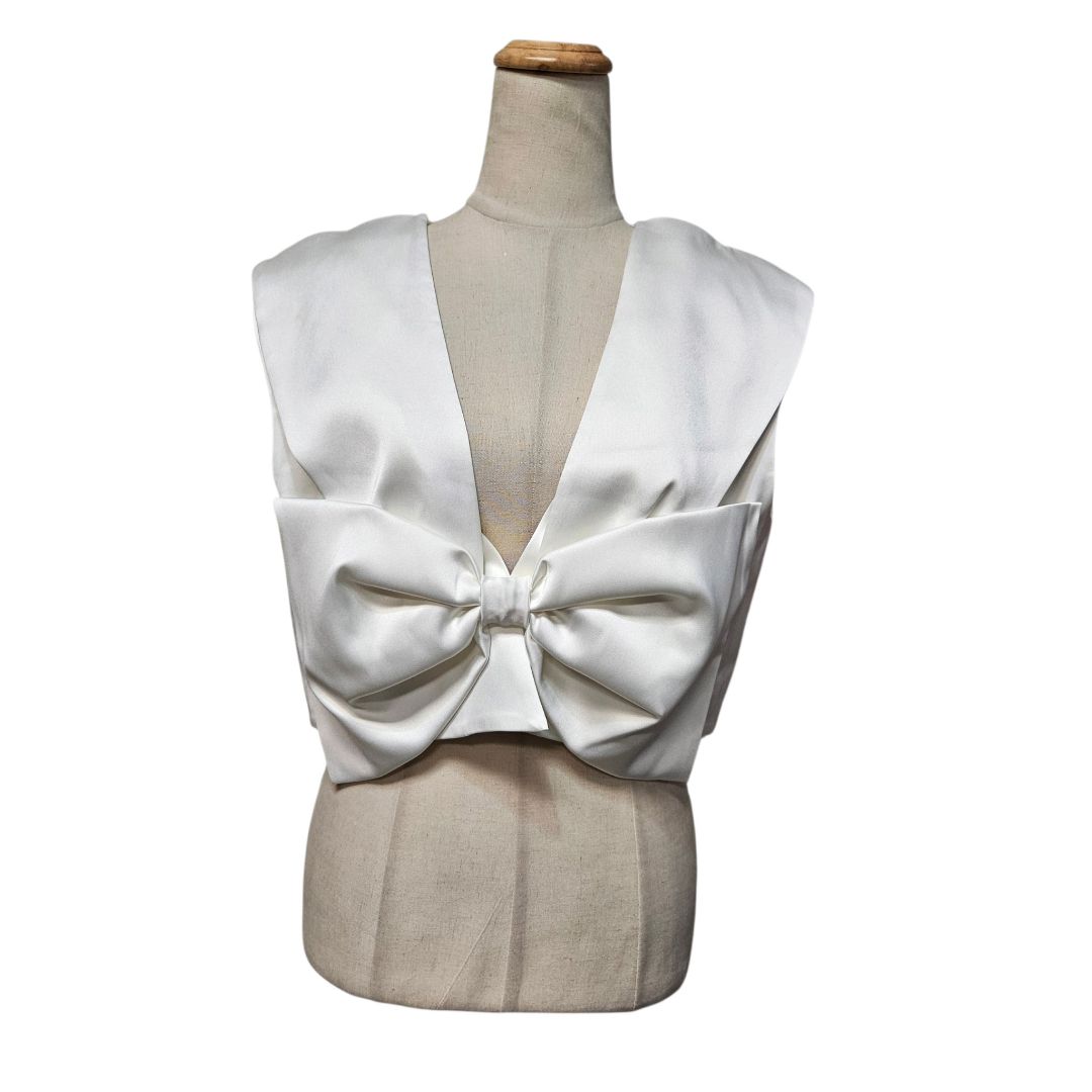 Sandro White Passy Satin-Effect Bow Crop Top