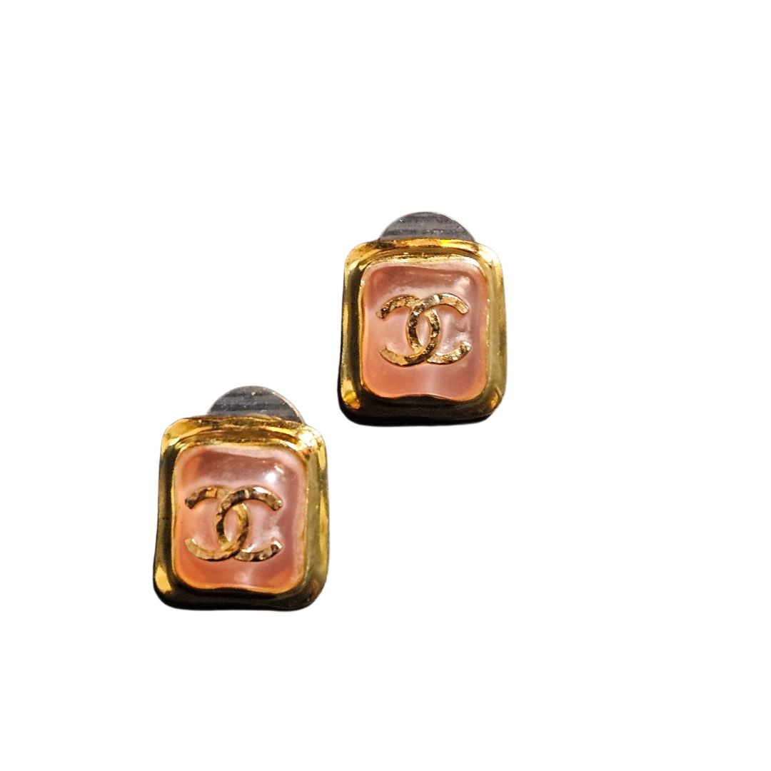 Chanel CC Square Pink Resin Gold-Tone Metal Stud Earring