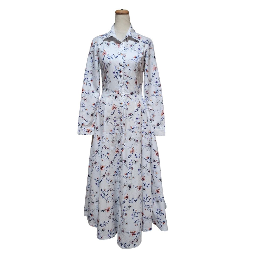 Evi Grintela White/Multicolor Floral Print Flared Button Up Shirt Dress