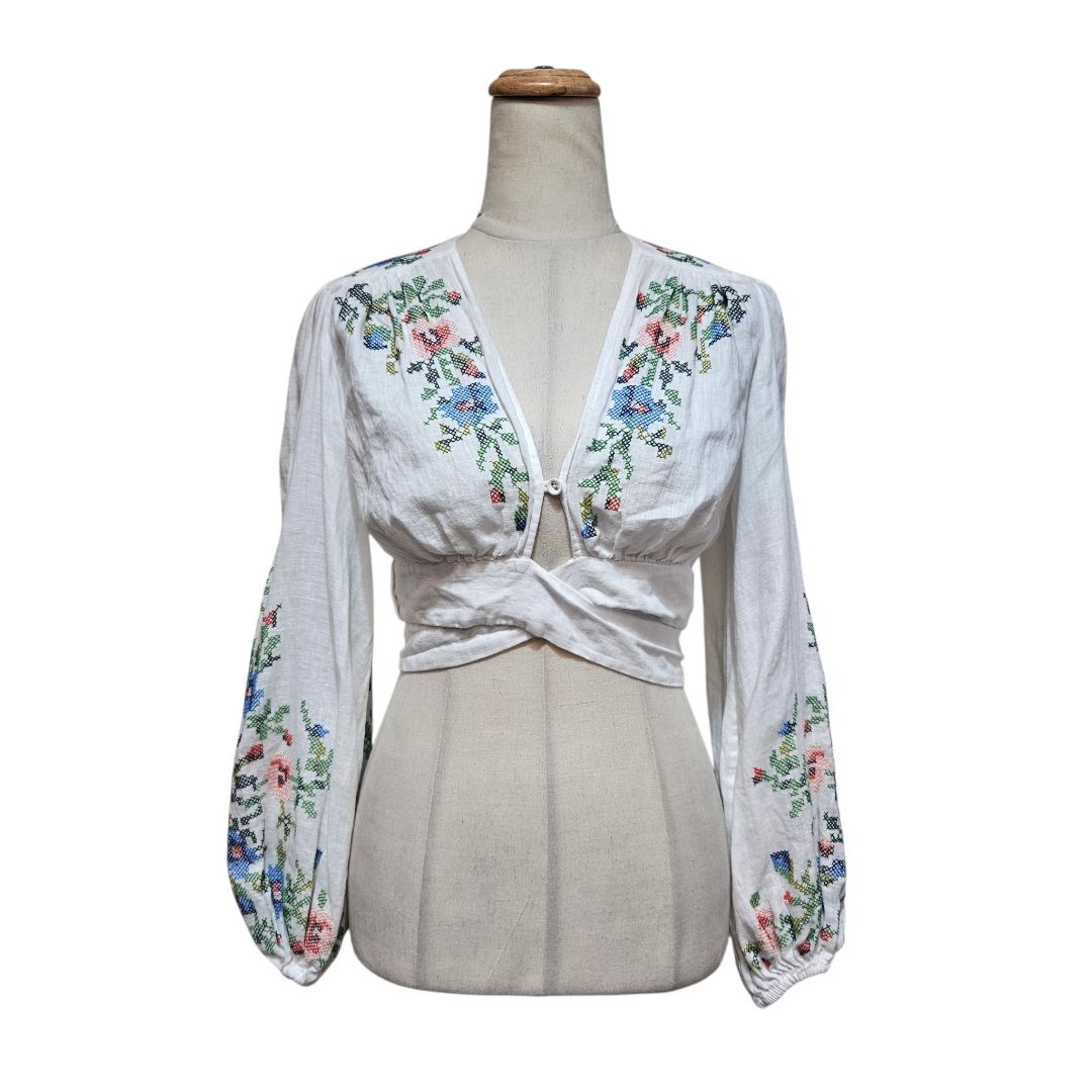 Zimmermann Embroidered Floral Cross-Stitch White Linen Tie-Front Blouse
