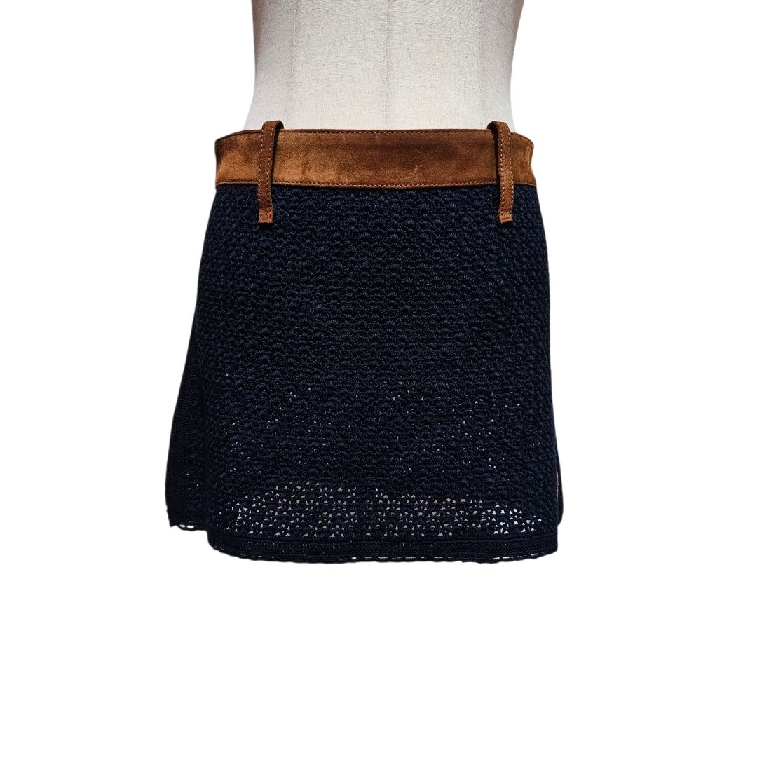 Miu Miu Cotton Navy Crochet and Suede Miniskirt (current season)