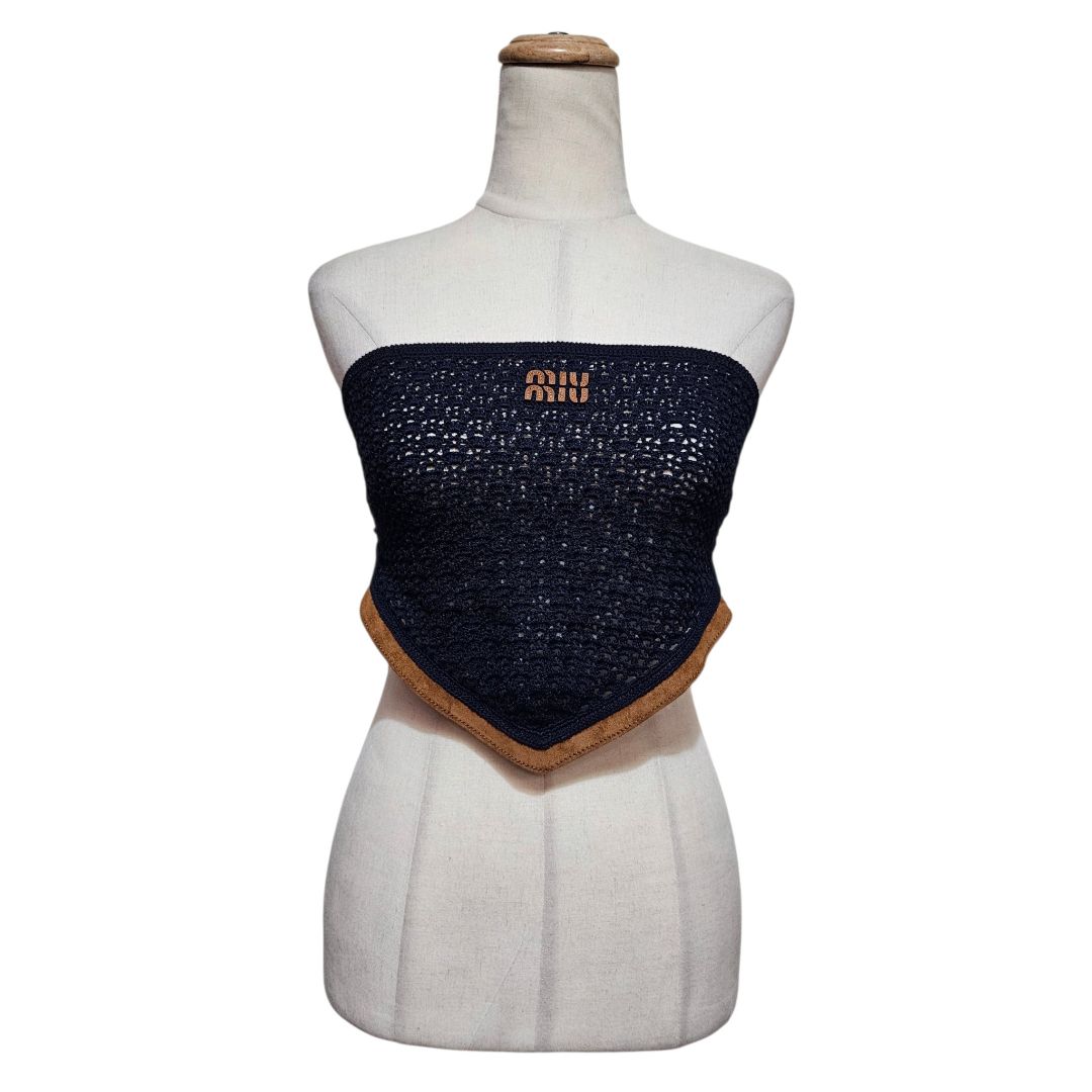 Miu Miu Navy Cotton and Suede Bandana Top (current season)