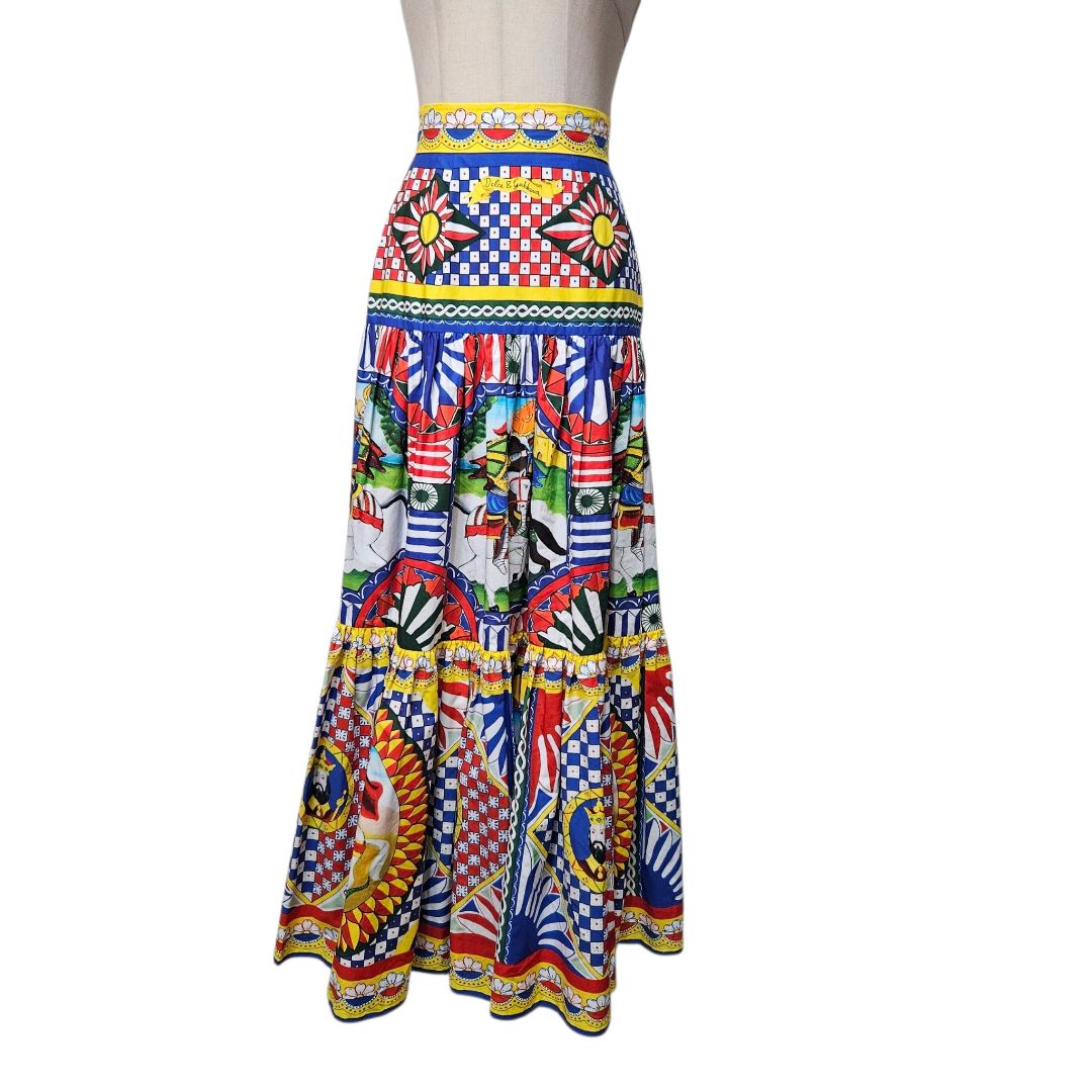 Dolce & Gabbana Multicolor Carretto Siciliano Print Tiered Maxi Skirt
