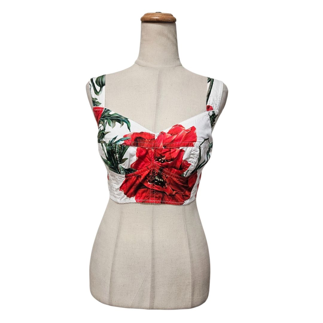 Dolce & Gabbana Poppy Floral Print Bustier Crop Top White Red