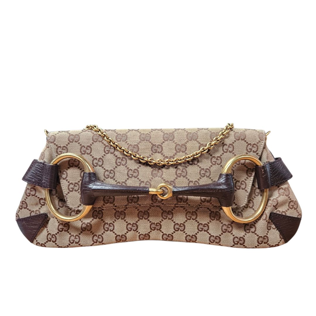 Gucci Horsebit Brown/Beige GG Canvas Chain Clutch