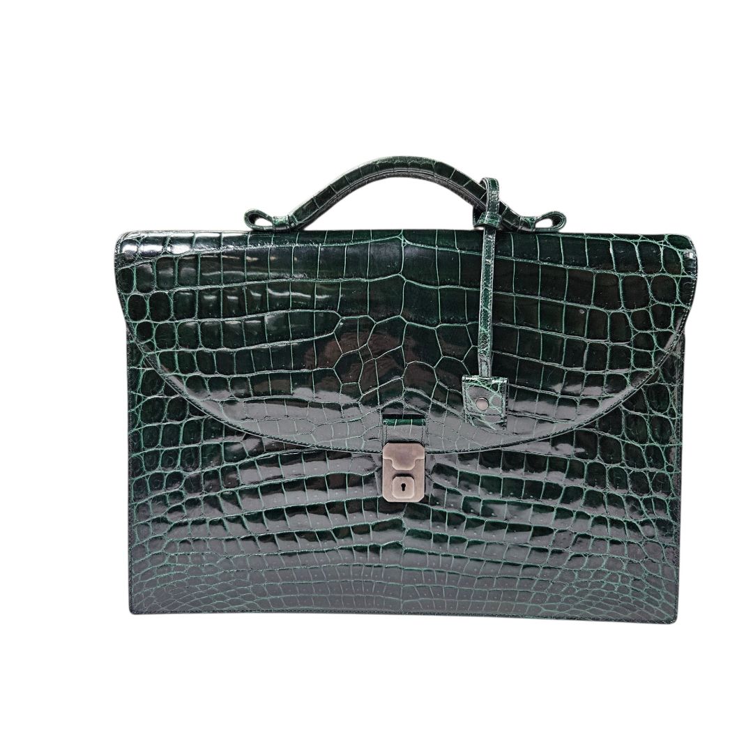 Bottega Veneta Green Shiny Alligator Briefcase
