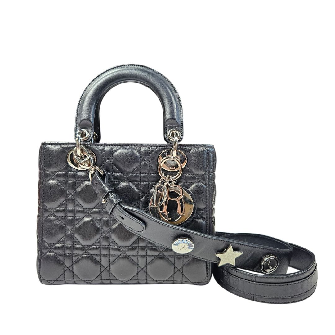 Christian Dior Black Lady Dior Small With Silver Charms Strap Bag