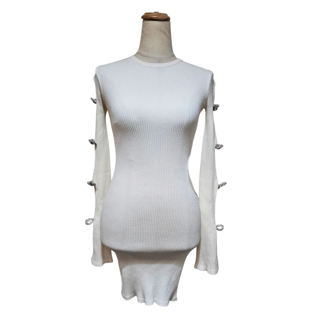 Mach & Mach White Cut-Out Viscose Blend Crystal Bows Mini Dress