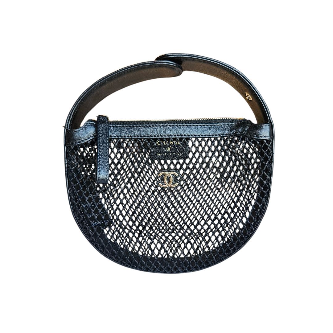 Chanel Black Mesh Mini Round Hobo Pouch Bag