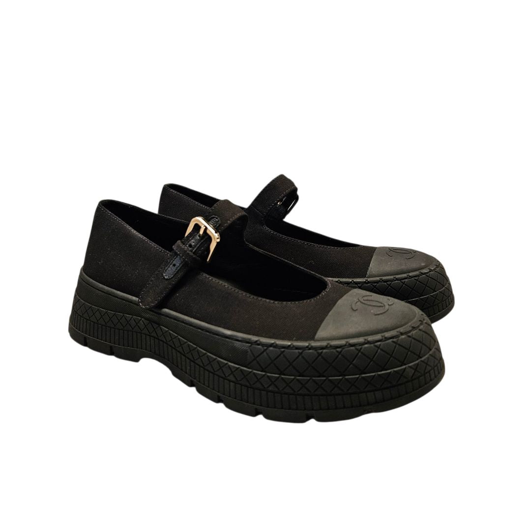 Chanel Black Rubber and Canvas Mary Jane Flat,  Size 37.5
