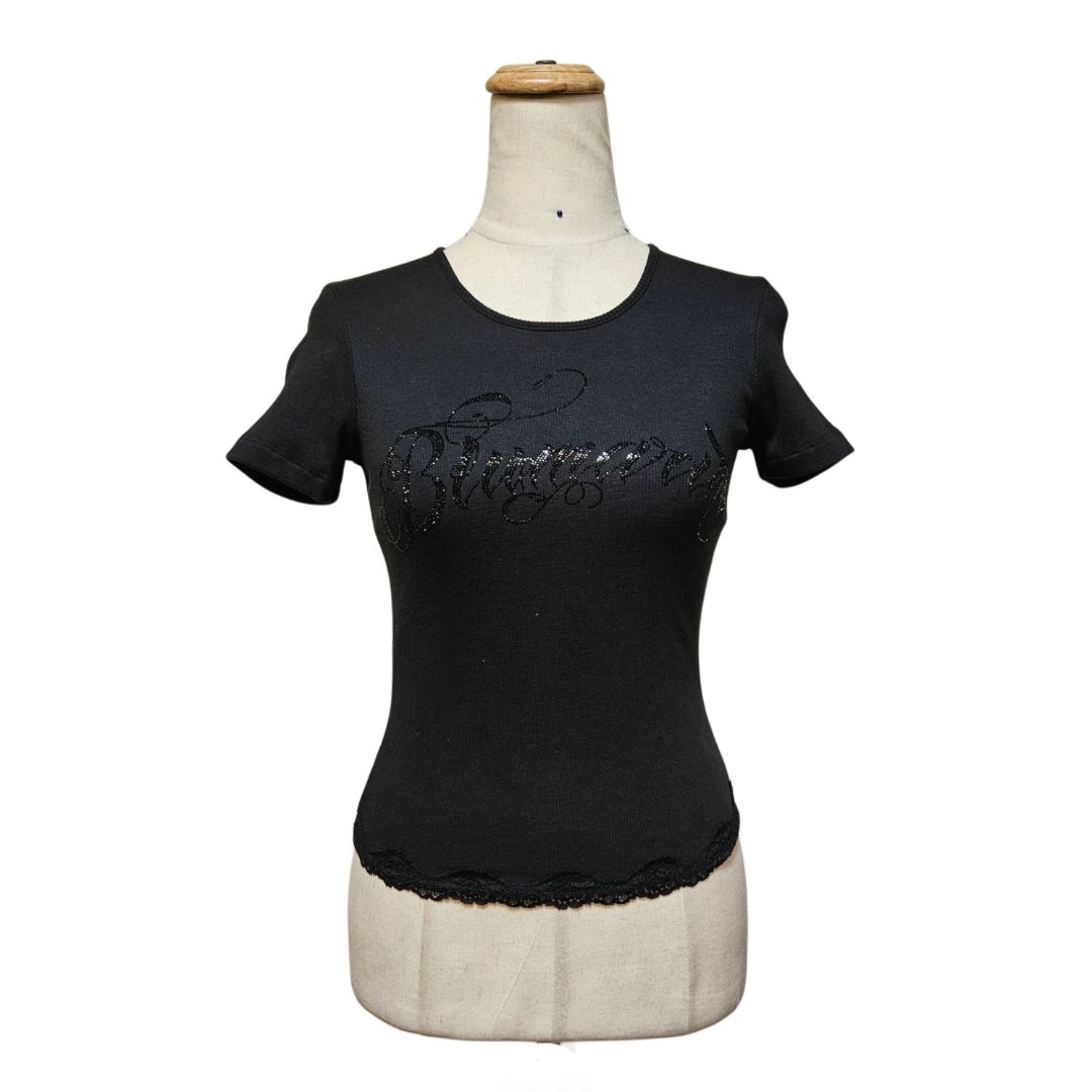 Blumarine Black Ribbed Shirt Crystal Logo