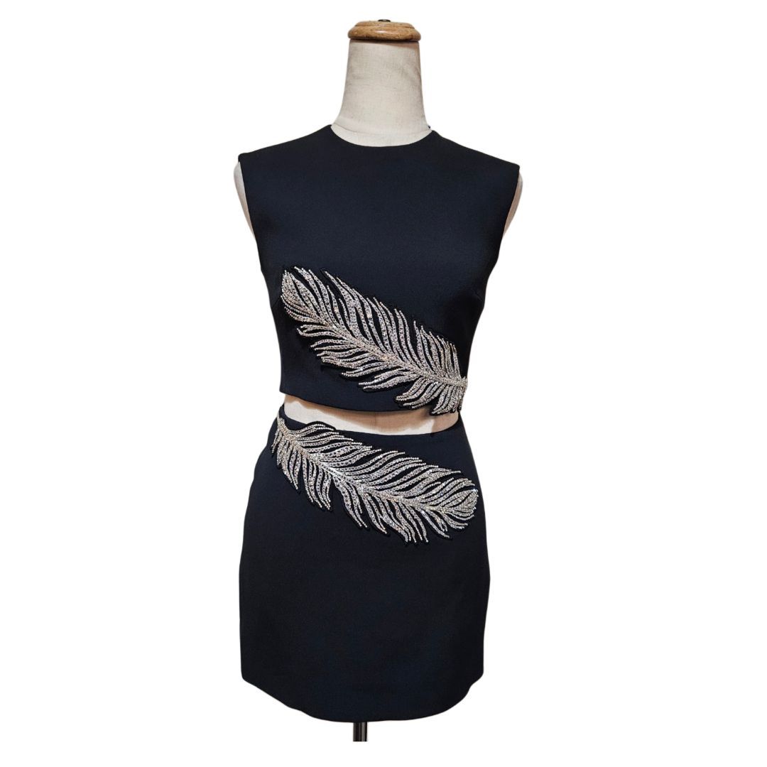 David Koma Black With Crystal Embellished Leaf Detail Crop Top & Skirt Set