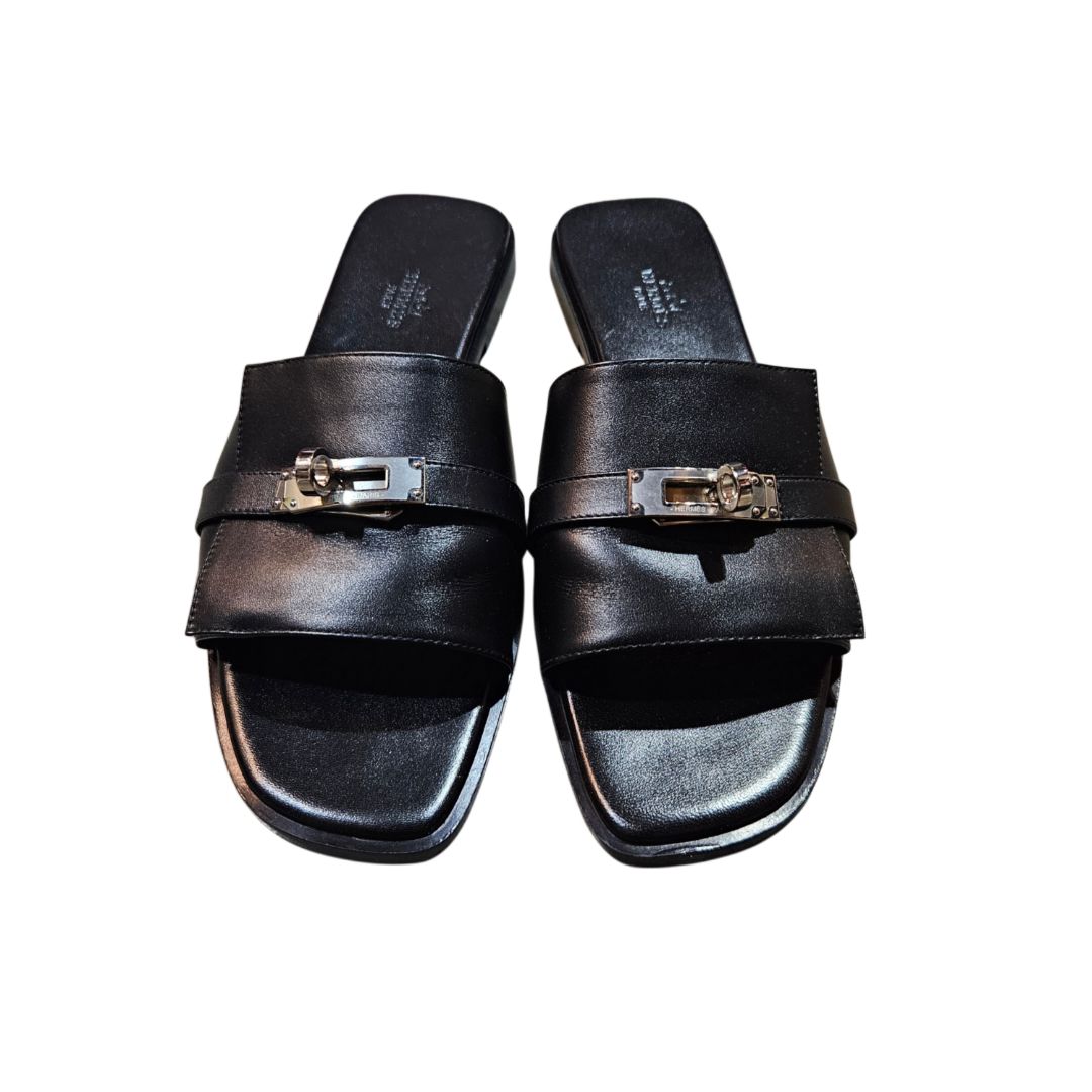Hermès Black Giulia Leather Slides, Size 38.5