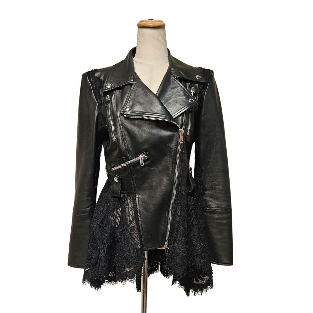 Alexander McQueen Black Leather & Lace Peplum Jacket