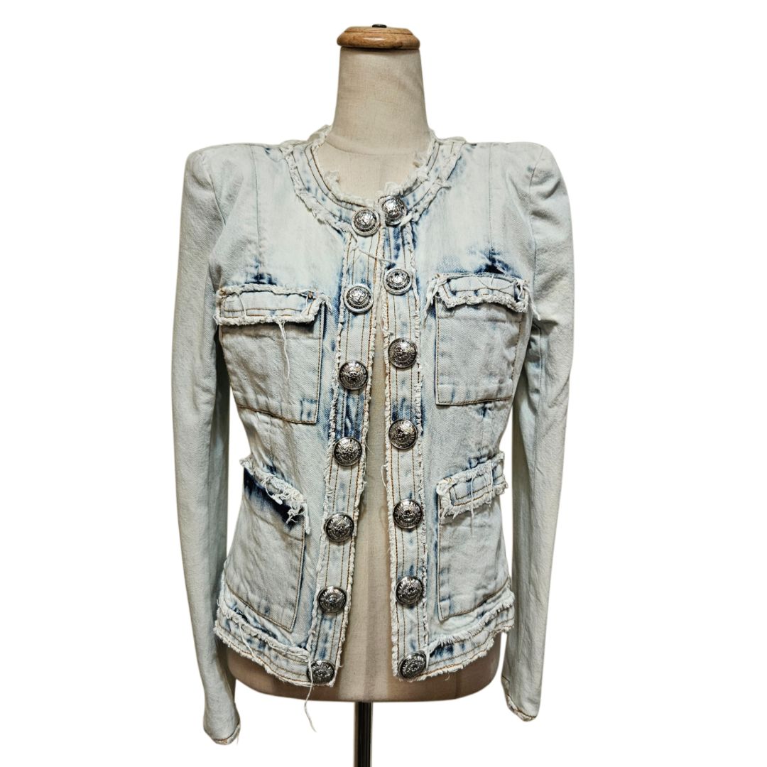 Balmain Light Blue Distressed Denim Military Jacket