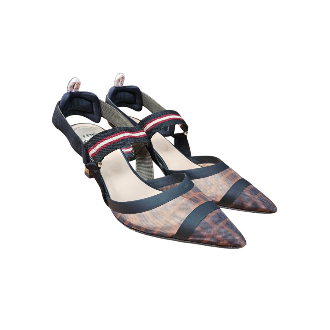 Fendi Colibri Black/Brown Canvas & FF Mesh Slingback Pumps Size 40