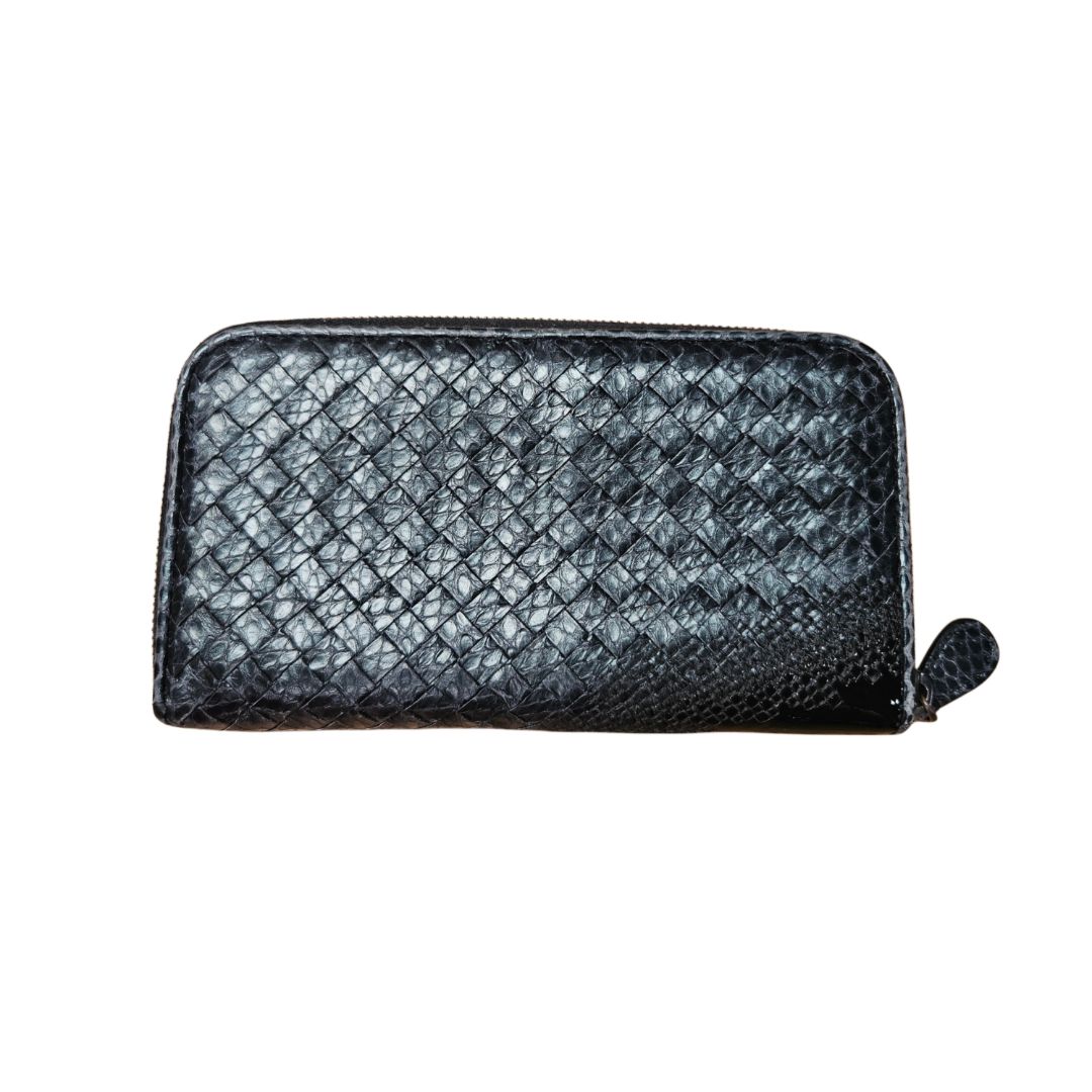 Bottega Veneta Black Snakeskin Leather Intrecciato Continental Zip Wallet