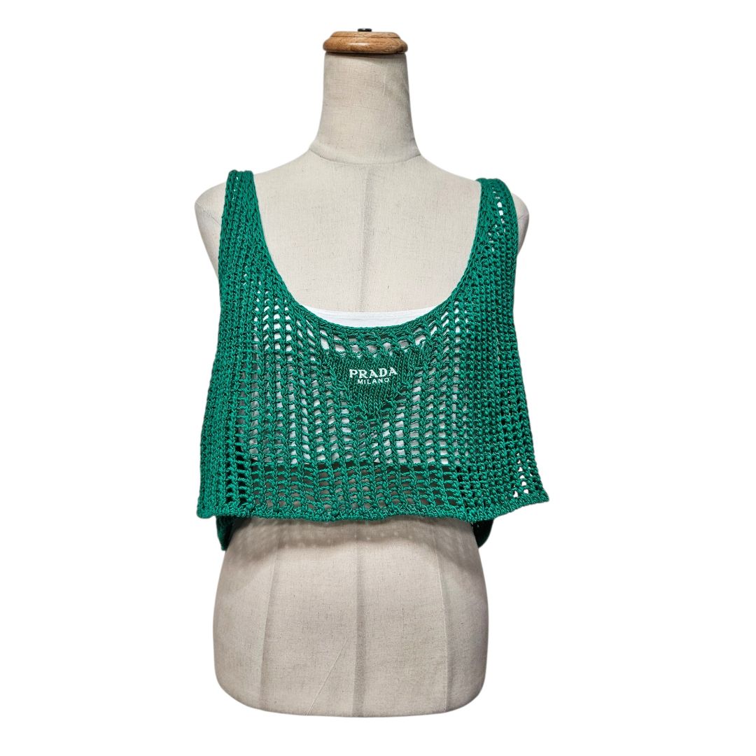 Prada Green Logo Embroidered Crochet Sheer Crop Top