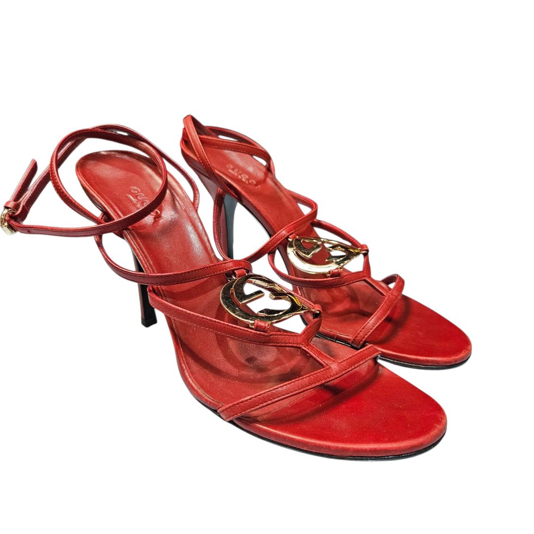 Gucci Red Leather GG Interlocking Snkle Strap Heel Sandals, Size 38