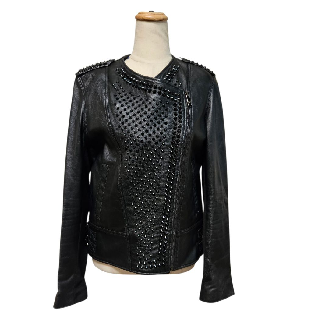 Nour Hammour Black Leather Studded Biker Jacket