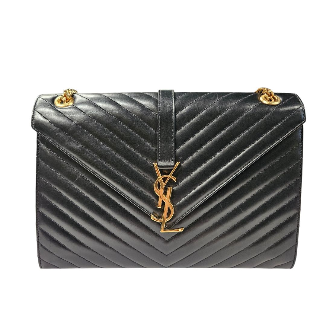 Saint Laurent Black Leather Chevron Quilted Monogram Envelope Shoulder Bag