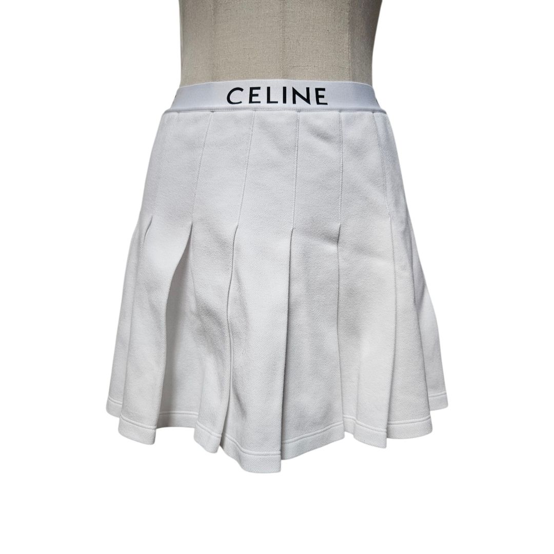 Celine White Pleated With Logo Band Waist Mini Skirt