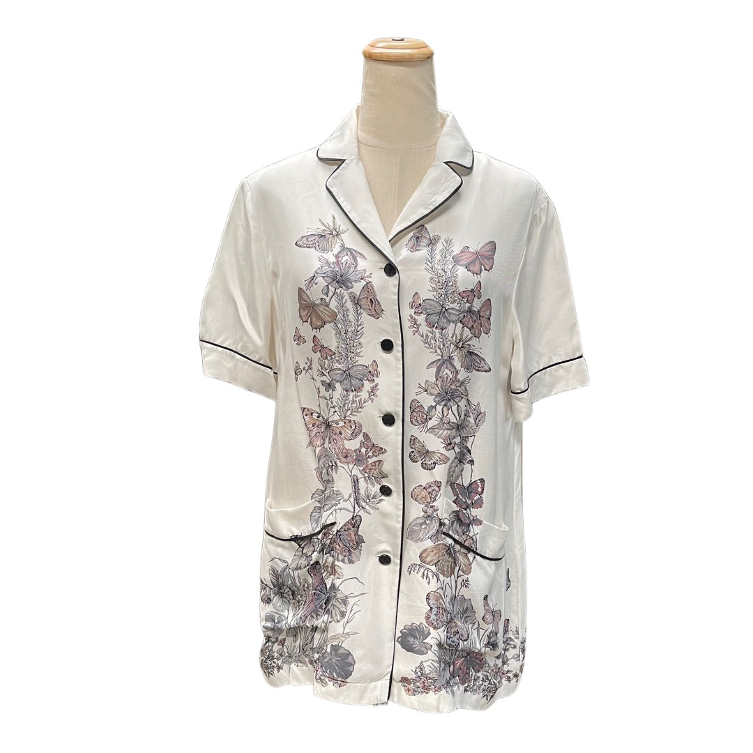 Dior Pajama White Silk Twill Butterfly Garden Motif Shirt & Short Pajama Set