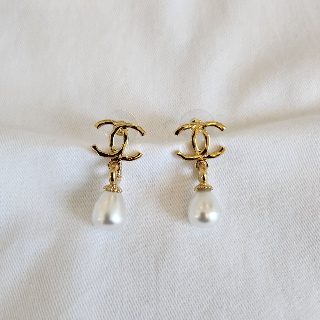 Chanel faux pearl drop earrings with cc gold-tone hardware