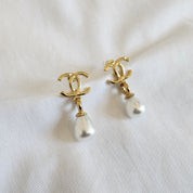 Chanel faux pearl drop earrings with cc gold-tone hardware