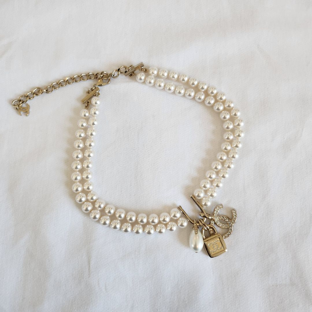 Chanel faux pearl double layer choker necklace
