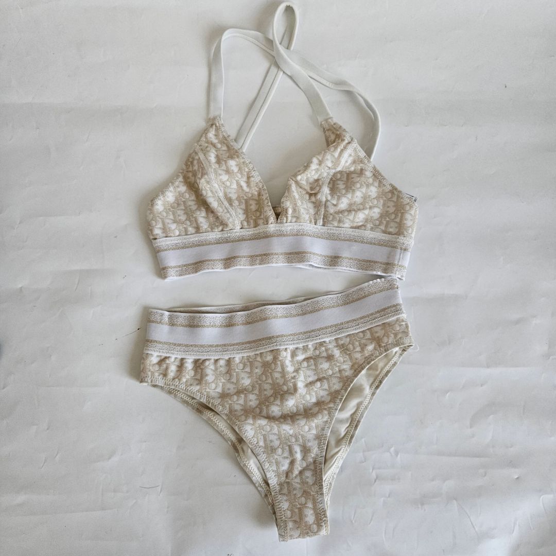 Dior gold and white two piece oblique print bikini