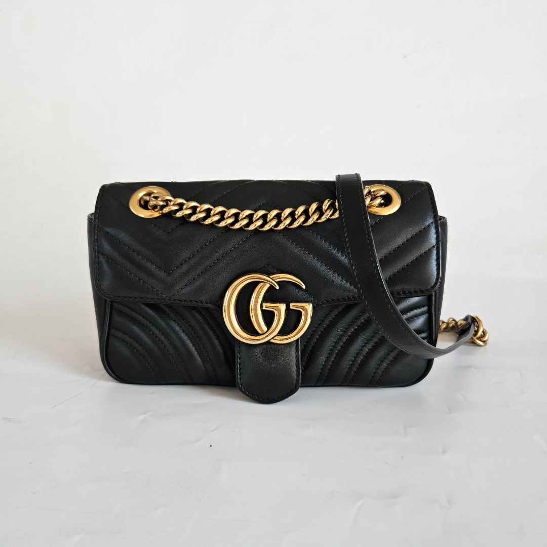 Gucci Black Calfskin Matelasse Small GG Marmont Shoulder Bag