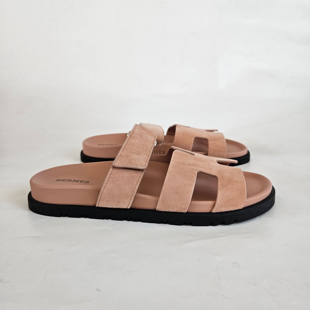 Hermès Nude Suede Goatskin Chypre Sandals, size 38