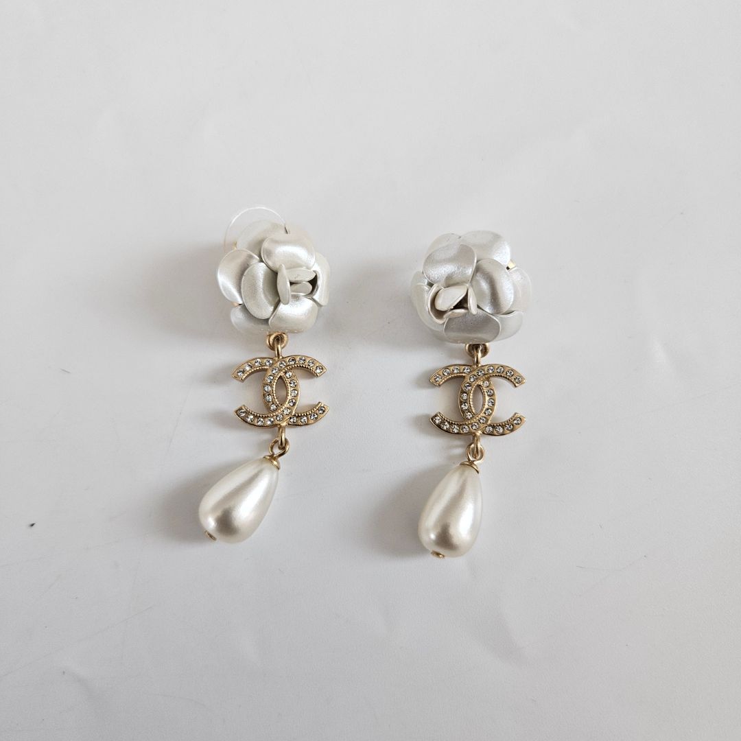 Chanel Enamel Crystal Pearl CC Camellia Drop Earrings White Gold