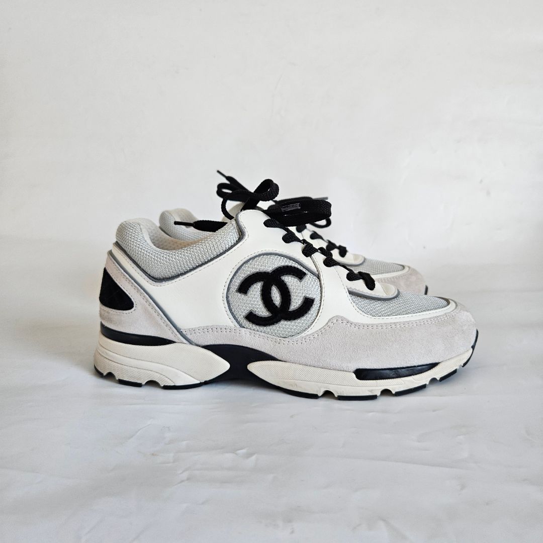 Chanel Tricolor Suede, Leather and Mesh CC Low Top Sneakers, 39.5