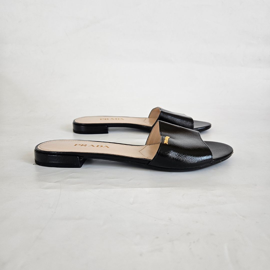 Prada Saffiano Patent Leather Slides Black, 37.5
