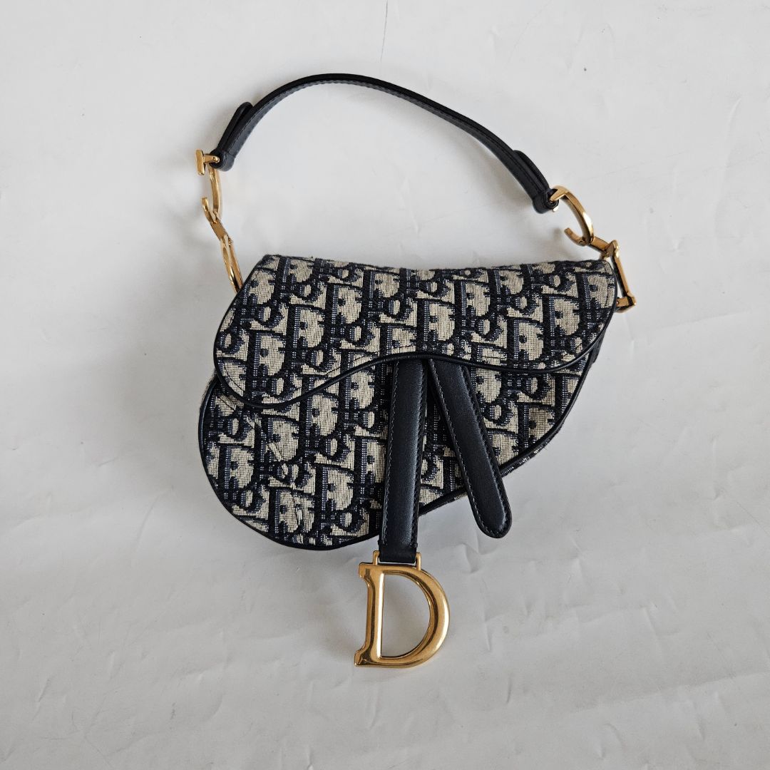 Dior Navy Blue Oblique Canvas and Leather Mini Saddle Bag