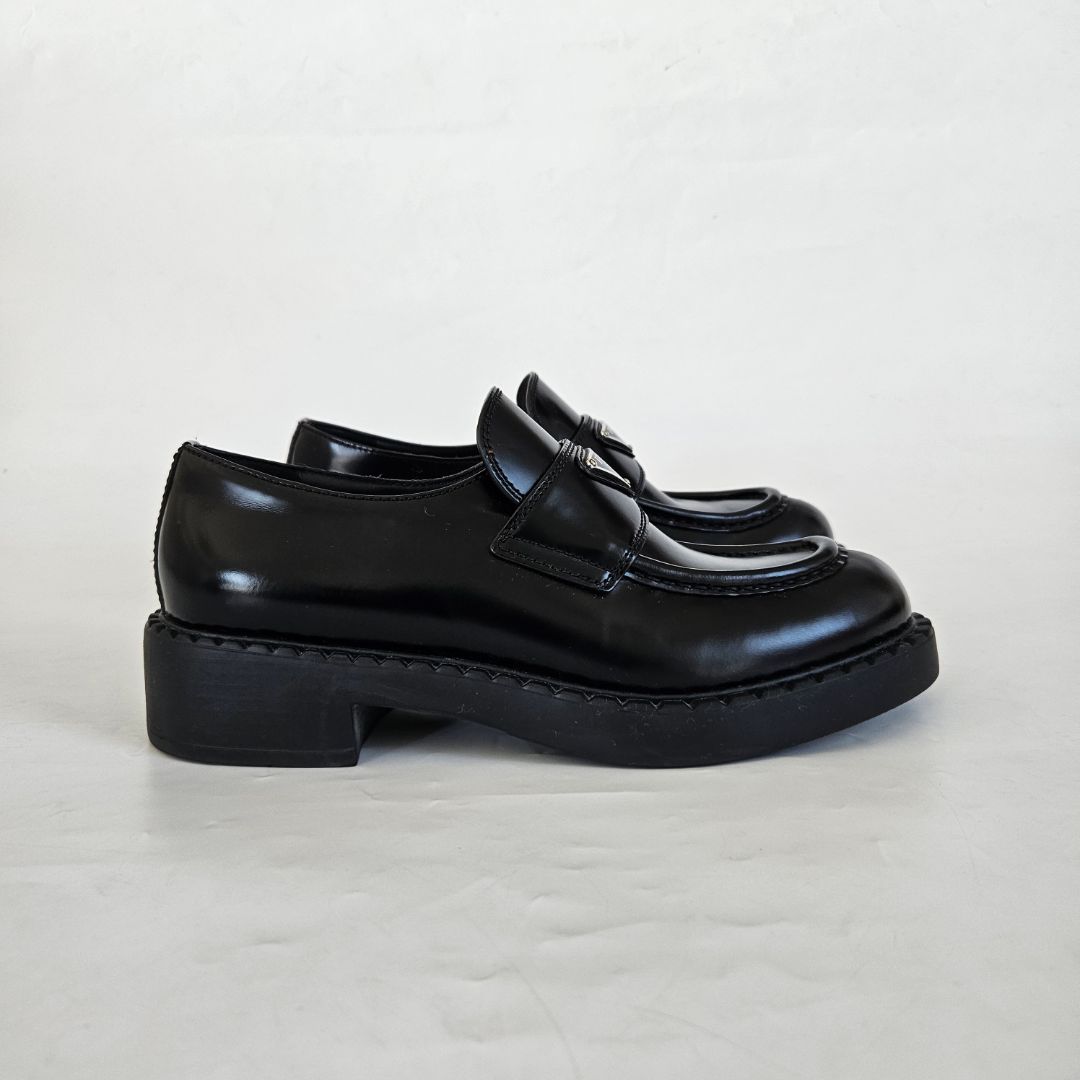 Prada Black Brushed Leather Slip On Loafers, 39 - BOPF  display picture 1