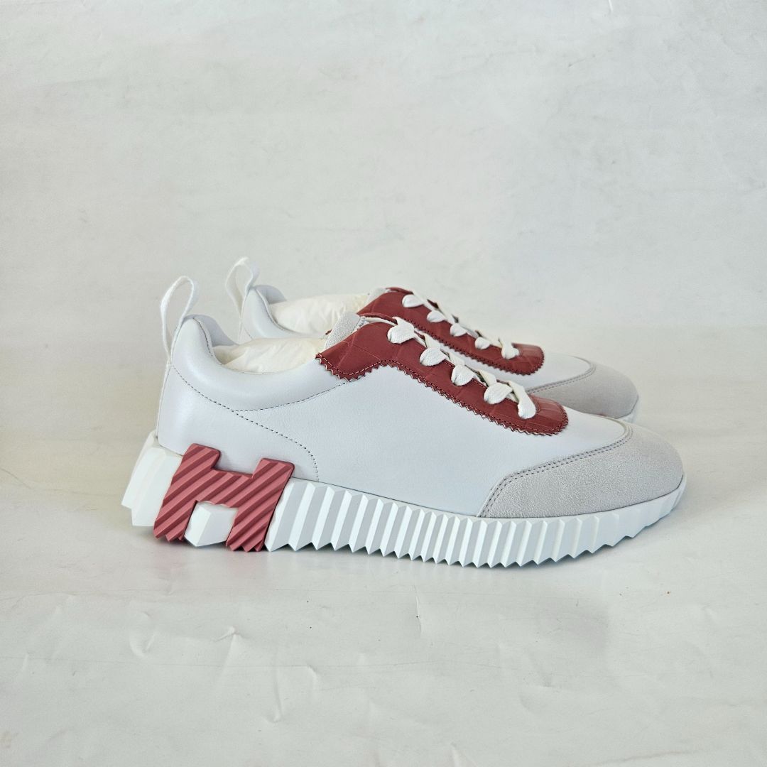 Hermès Rose Niloticus Crocodile and White Calfskin Bouncing Sneakers, 37.5