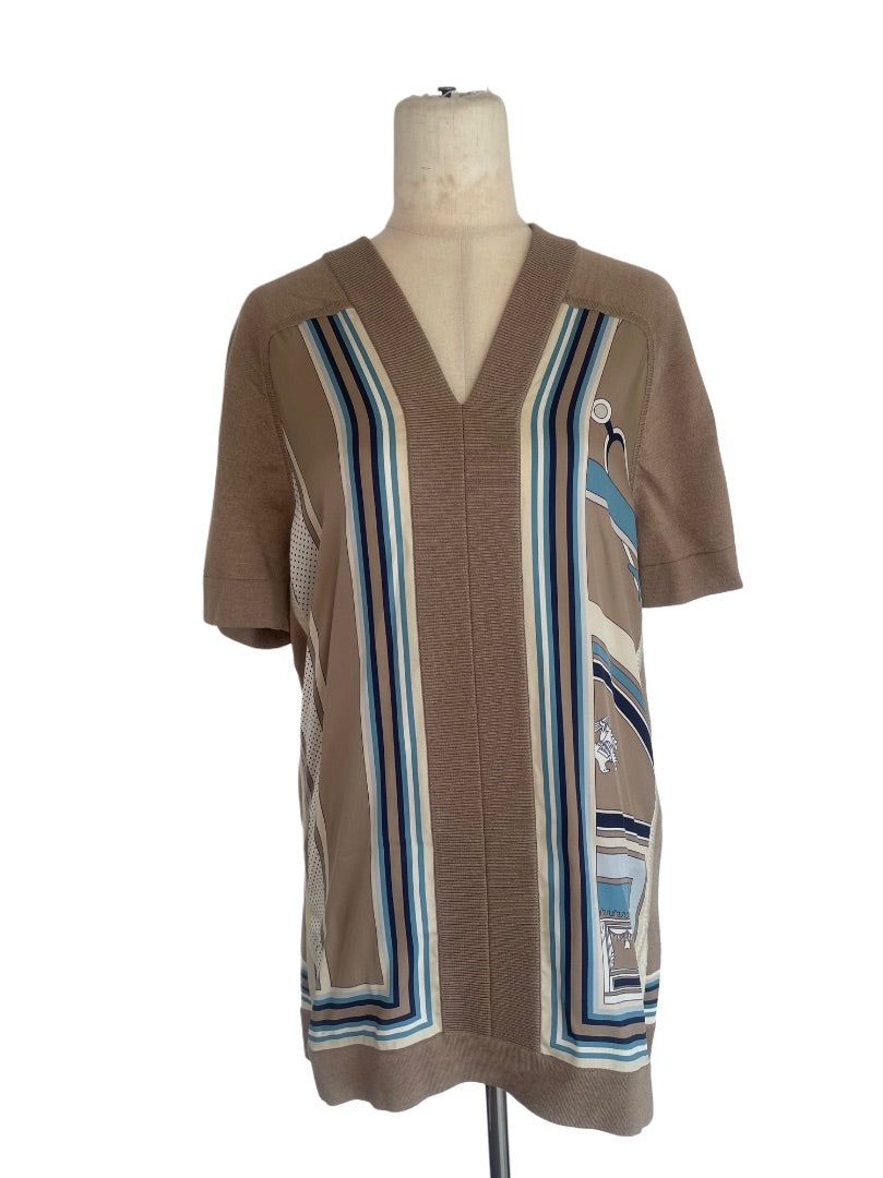 Hermes Tricolor V Neck Printed Detail Blouse