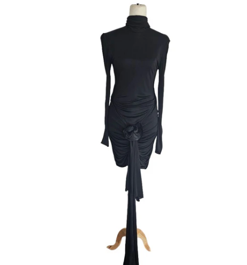 Saint Laurent Black Long Sleeve Floral Applique Midi Dress