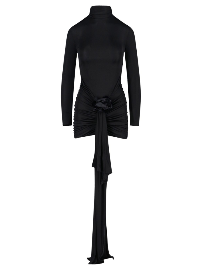 Saint Laurent Black Long Sleeve Floral Applique Midi Dress