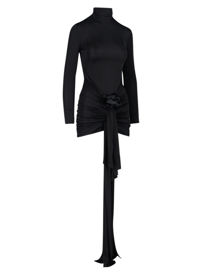 Saint Laurent Black Long Sleeve Floral Applique Midi Dress