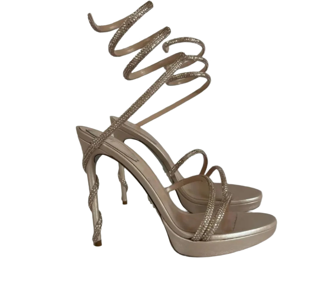 René Caovilla Champagne Margot Crystal Embellished Sandal Shoes, 39