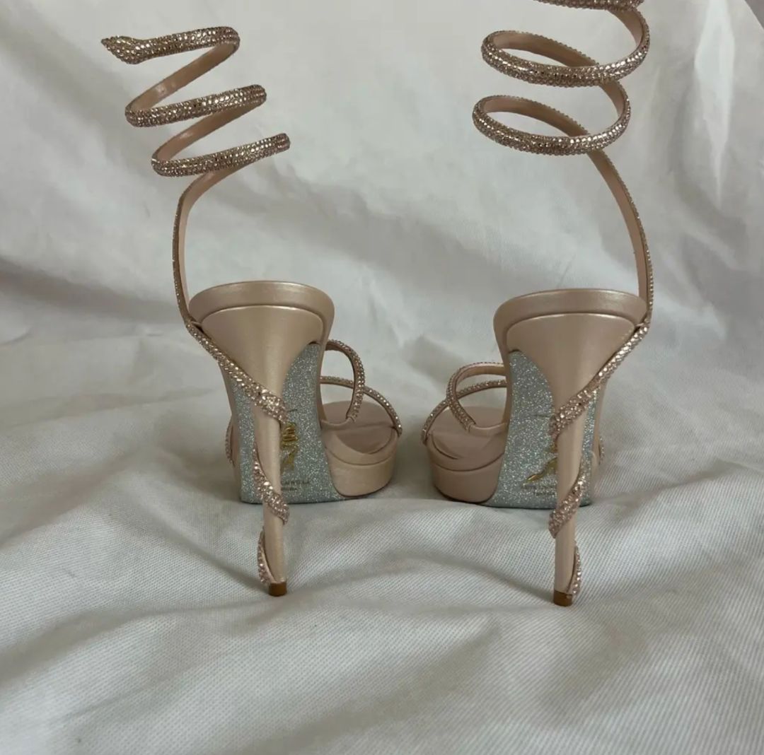 René Caovilla Champagne Margot Crystal Embellished Sandal Shoes, 39