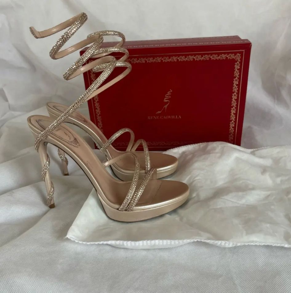 René Caovilla Champagne Margot Crystal Embellished Sandal Shoes, 39