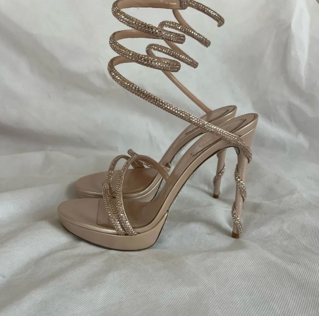 René Caovilla Champagne Margot Crystal Embellished Sandal Shoes, 39