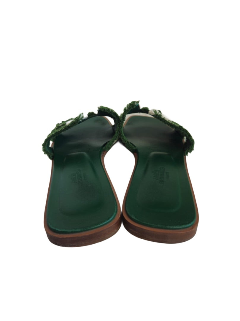 Hermes Green Green/Beige Leather and Canvas Fringe Oran Sandal