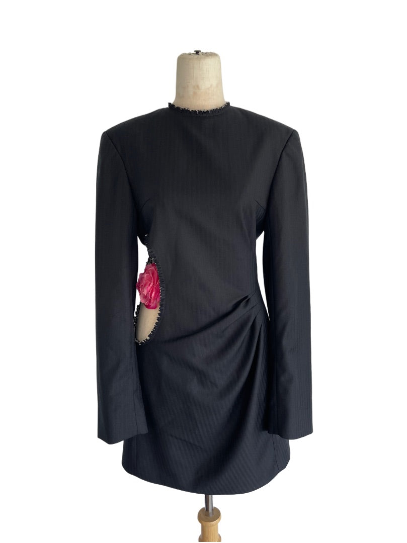 Acne Studio Black Fringe Cut Out Detail Long Sleeve Midi Dress - BOPF